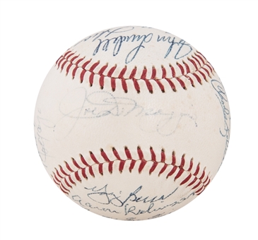 1947 World Champions New York Yankees Team Signed OAL Harridge Baseball With 17 Signatures Including Joe DiMaggio, Berra and Rizzuto (PSA/DNA NM-MT 8)